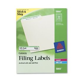 Show details of Avery 5866 Permanent self-adhesive laser/ink jet file folder labels, 1500/bx, green border.