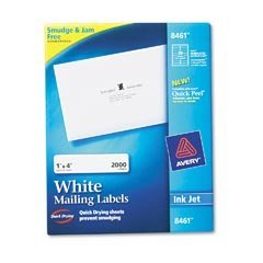 Show details of Avery 8461 White Ink Jet Mailing Labels, 1 x4, 2,000 per Box.