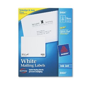 Show details of Avery 8464 White ink jet mailing labels, 3-1/3 x 4, 600 per box.