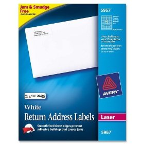 Show details of Avery 5967 Laser labels, 1/2 x 1-3/4, white, 20,000 labels per box.