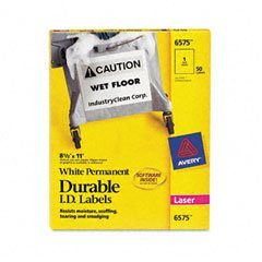 Show details of Avery 6575 Permanent white durable i.d. labels for laser printers, 8-1/2 x 11, 50/pack.