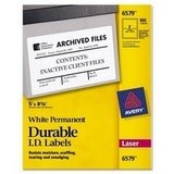 Show details of Avery 6579 Permanent white durable i.d. labels for laser printers, 8-1/8 x 5, 100/pack.