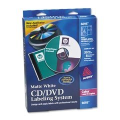 Show details of Avery 6695 CD/DVD Design Kit, 30 Labels & 8 Inserts for Color Laser Printers.