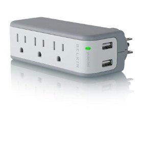 Show details of Belkin Mini Surge 3OUT Wall Mount 75K  918J with USB Charger.