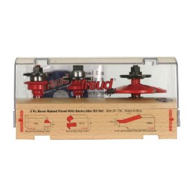 Show details of Freud 97-106 3-Piece Cabinet Door Router Bit Set with 99-566 Raised Panel Bit with Backcutter.