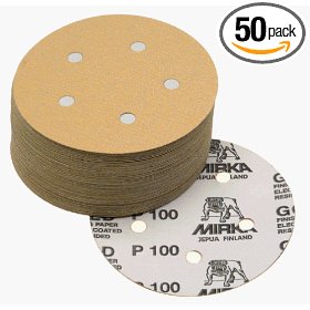 Show details of Mirka 23-614-100  5"  5-Hole 100 Grit Dustless Hook & Loop Sanding Discs - 50 Pack.