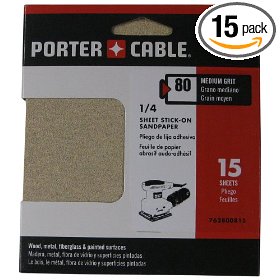 Show details of Porter-Cable 762800815 1/4 Sheet 80 Grit Adhesive-Backed Sanding Sheets - 15 Pack.