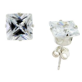 Show details of Sterling Silver 7 mm (2.0 Carat Size each) Square Princess Cut Cubic Zirconia Stud Earrings.