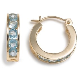 Show details of 14k Yellow Gold Channel Set Round Coated Blue Topaz Hoop Earrings.