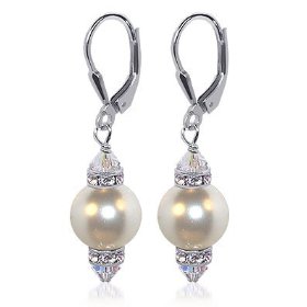 Show details of 10 Mm White Swarovski Pearl And Swarovski Crystal .925 Sterling Silver Leverback Drop Earrings.