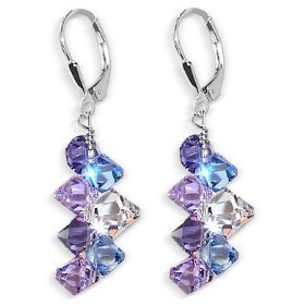 Show details of New Classic Beauty Lavender Blue And Clear Swarovski Crystal Sterling Silver Leverback Dangle Earrings.
