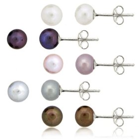 Show details of Sterling Silver 5 Pair Multi Color Freshwater Pearl White, Peacock, Pink, Grey, Chocolate Stud Earring Set.