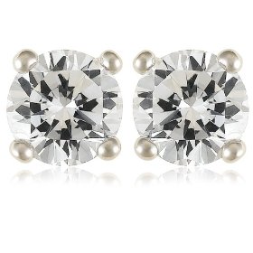 Show details of Platinum Overlay Sterling Silver 5mm Round Cubic Zirconia Four-prong Stud Earrings.