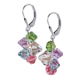 Show details of Multicolor Cluster Swarovski Crystal Genuine Sparkling .925 Sterling Silver Leverback Dangle Earrings.