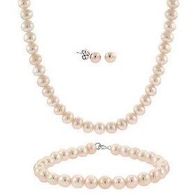 Show details of 5.5-6mm Sterling Silver Genuine Freshwater Cultured Pink Pearl Necklace Bracelet & Stud Earring Set.