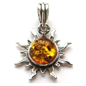 Show details of Certified Genuine Honey Amber and Sterling Silver Small Flaming Sun Pendant.