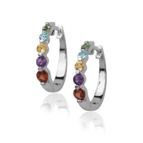 Show details of Platinum Plated Sterling Silver Multi-Gemstone Hoop Earrings.