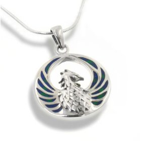 Show details of Blue Green Azurite Inlay Winged Fire Phoenix Sterling Silver Medallion Pendant with 18" Necklace.