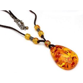 Show details of Hippie Style Bohemian 18" to 20" Suede Necklace with Huge Faux Amber Stone Pendant.