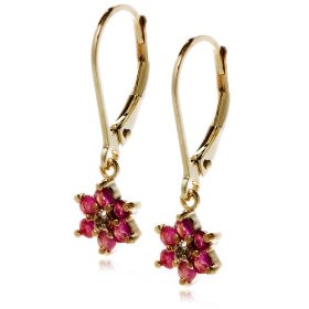 Show details of 18k Yellow Gold Overlay Sterling Silver Ruby Flower Dangle Earrings.