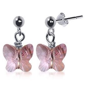 Show details of Pink Butterfly Swarovski Crystal .925 Sterling Silver Post Drop Earrings.