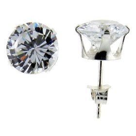 Show details of Sterling Silver 8 mm (2 Carat Size each) Brilliant Cut Cubic Zirconia Stud Earrings.