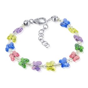 Show details of Multi Color Swarovski Crystal Butterfly Sterling Silver 5.5" Kids Charm Bracelet With Lobster Clasp.