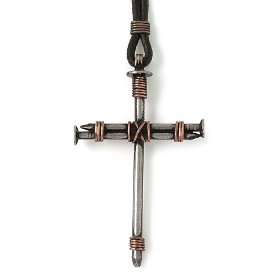 Show details of Nail and Copper Wire Cross Pendant on Leather Cord by Bob Siemon, 30".