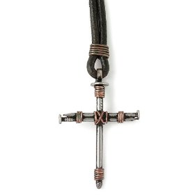 Show details of Stainless Steel Nail and Copper Wire Cross Pendant on Leather Cord by Bob Siemon, 30".