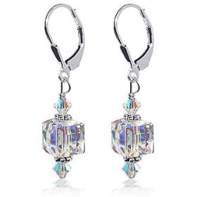 Show details of Dazzling Clear Swarovski Cube Crystal .925 Sterling Silver Leverback Drop Earrings.