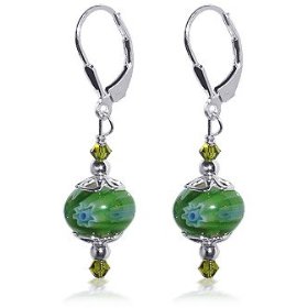 Show details of Captivating Green Milifalio Glass Bead Swarovski Crystal .925 Sterling Silver Leverback Drop Earrings.