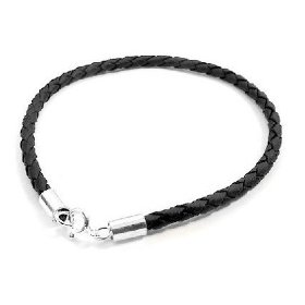 Show details of Sterling Silver and Braided Black Faux Leather Bracelet - 8".