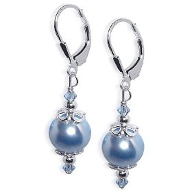 Show details of Classic Beauty Blue Faux Pearl Swarovski Crystal 925 Sterling Silver Leverback Drop Earrings.