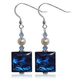 Show details of Attractive Blue Abalone, Faux Pearl & Swarovski Crystal .925 Sterling Silver French Ear Wire Hook Dangle Earrings.