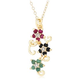 Show details of Yellow Gold Overlay Sterling Silver Sapphire, Ruby, Emerald & Diamond Accent Flower Pendant, 18".
