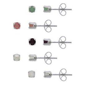 Show details of Sterling Silver 3mm Round Genuine Ruby, Emerald, Sapphire, Opal, Pearl Stud Earring Set.