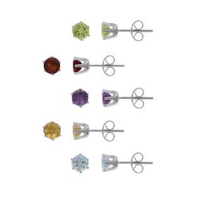 Show details of Sterling Silver 5mm Round Peridot, Garnet, Amethyst, Citrine, Blue Topaz Stud Earring Set.