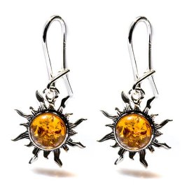 Show details of Certified Genuine Honey Amber and Sterling Silver Flaming Sun Hook Earrings.