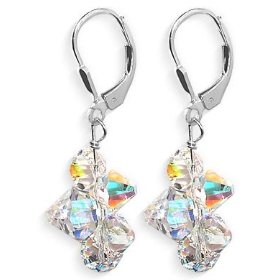 Show details of Stylish Clear AB Swarovski Crystal Cluster 925 Sterling Silver Leverback Dangle Earrings.