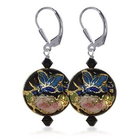 Show details of Attractive Swarovski Crystal & Cloisonne Bead Sterling Silver Drop Earrings.