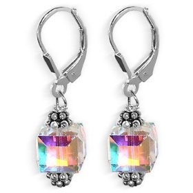Show details of Romantic Clear Swarovski Cube Crystal .925 Sterling Silver Designer Leverback Dangle Earrings.