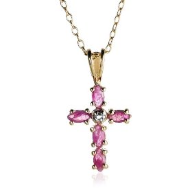 Show details of 18k Gold Overlay Sterling Silver Ruby and Diamond-Accent Cross Pendant, 18".