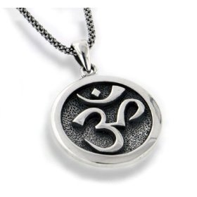 Show details of OM Aum Hindu or Yoga Symbol Antiqued Sterling Silver Medallion Pendant 18" Necklace.