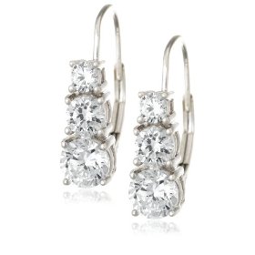 Show details of Platinum Overlay Sterling Silver Round Cubic Zirconia Three-Stone Lever Back Earrings.