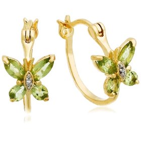 Show details of 18k Yellow Gold Overlay Sterling Silver Peridot w/ Diamond Accent Butterfly Hoop Earrings.