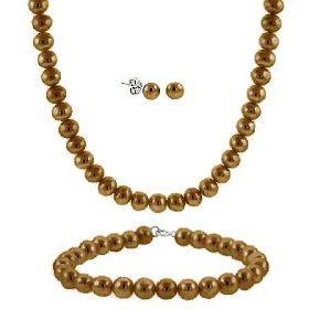 Show details of 5.5-6mm Sterling Silver Genuine Freshwater Cultured Chocolate Pearl Necklace Bracelet & Stud Earring Set.