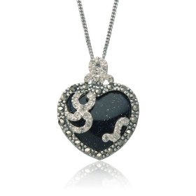 Show details of Sterling Silver Marcasite & Blue Gold Stone Heart Pendant, 18".