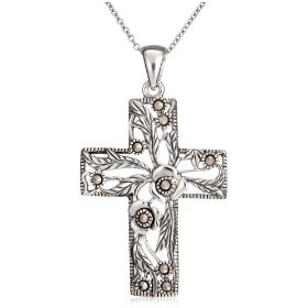 Show details of Sterling Silver Marcasite Floral Cross Pendant, 18".