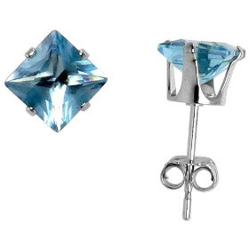 Show details of 6 mm Princess Cut Blue Topaz colored Sterling Silver Cubic Zirconia Stud Earring.