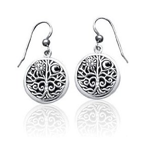 Show details of Ancient Tree of Life with Sun and Moon Symbol Round Filigree Sterling Silver Earrings.